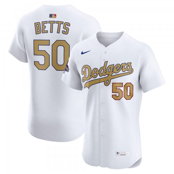 Men's #50 Mookie Betts Los Angeles Dodgers Nike 2025 Gold Collection Elite White Jersey