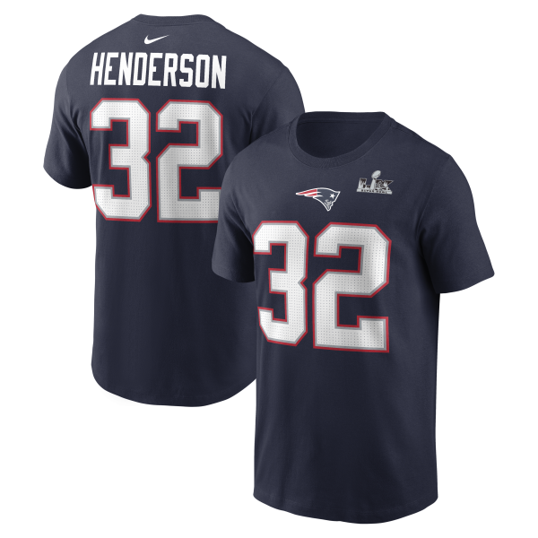 Men's New England Patriots TreVeyon Henderson Nike Navy Super Bowl LX Patch T-Shirt