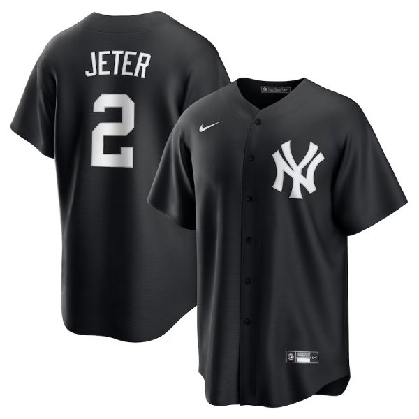 Men's New York Yankees #2 Derek Jeter Nike Black Lights Out Replica Player Jersey