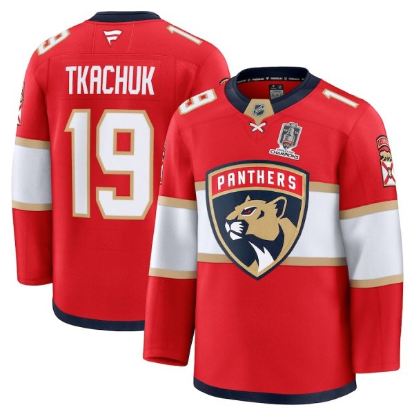 Men's #19 Matthew Tkachuk Florida Panthers Home 2025 Stanley Cup Champions Premium Patched Red Jersey