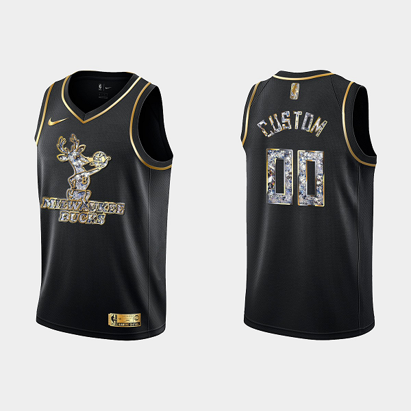 Men's Milwaukee Bucks 2022 Playoffs Custom Diamond Edition Retro Logo Black NBA Jersey