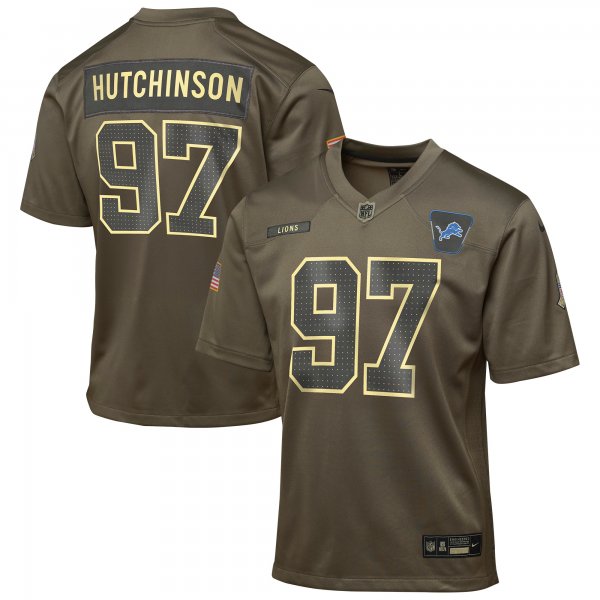 Youth #97 Aidan Hutchinson Detroit Lions Nike 2025 Salute to Service Game Olive Jersey