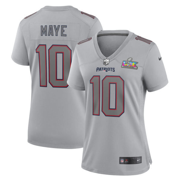 Women's New England Patriots Drake Maye Nike Silver Super Bowl LX Patch Atmosphere Fashion Game Jersey